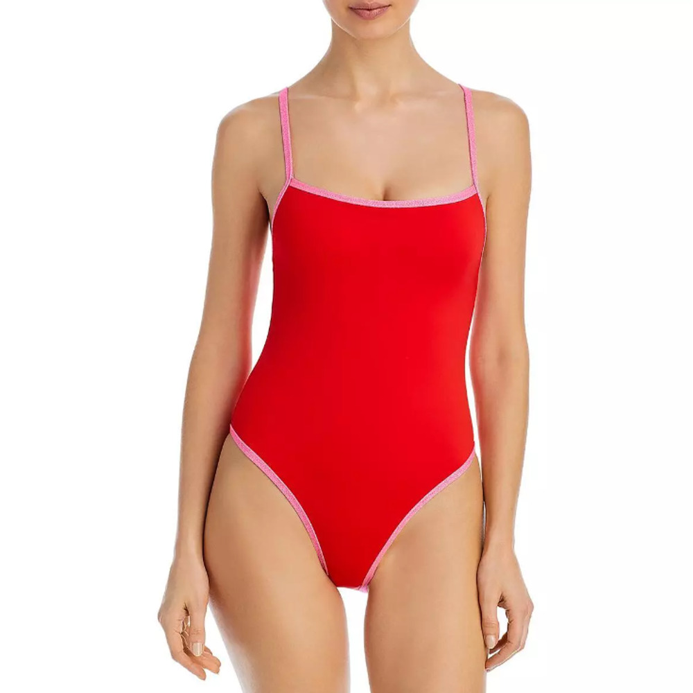 Aqua Swim Womens Red Metallic Square Neck One-Piece Swimsuit Size S 13016